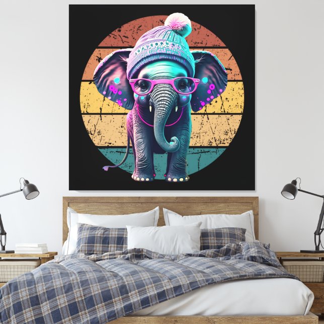 Cute Baby Elephant med Beanie och Rosa Glass Canvastryck (Insitu (sovrum))