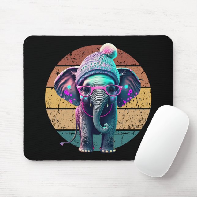 Cute Baby Elephant med Beanie och Rosa Glass Musmatta (Med mus)