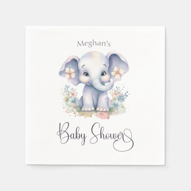 Cute Baby Elephant med Blommor Baby Shower Pappersservett (Framsidan)