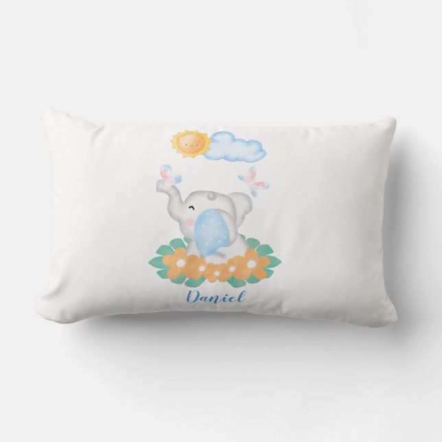 Cute Baby Elephant med blommorna Lumbar Cushion Lumbarkudde (Framsida)