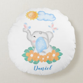 Cute Baby Elephant med blommorna Round Cushion Rund Kudde