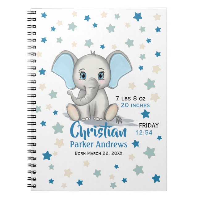 Cute Baby Elephant med Blue Öron Boy Birts Stats Anteckningsbok (Framsidan)