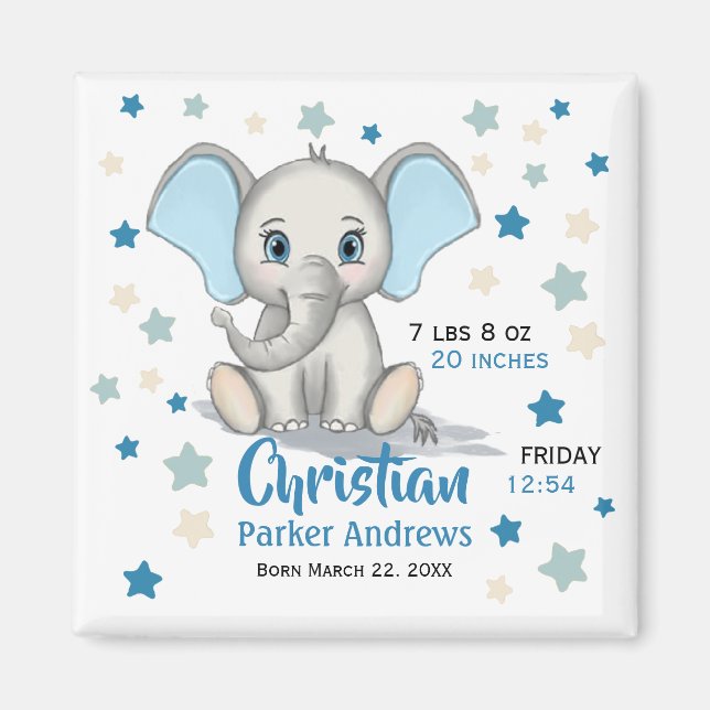 Cute Baby Elephant med Blue Öron Boy Birts Stats Magnet (Framsidan)