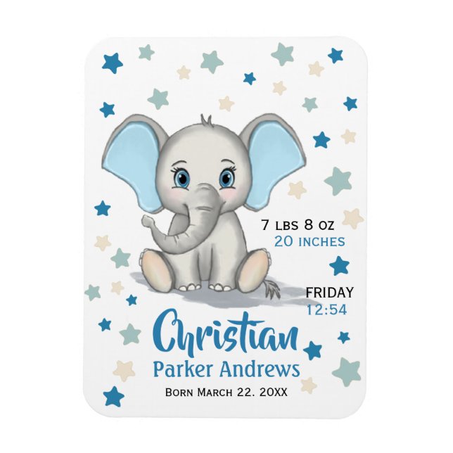 Cute Baby Elephant med Blue Öron Boy Birts Stats Magnet (Vertikal)