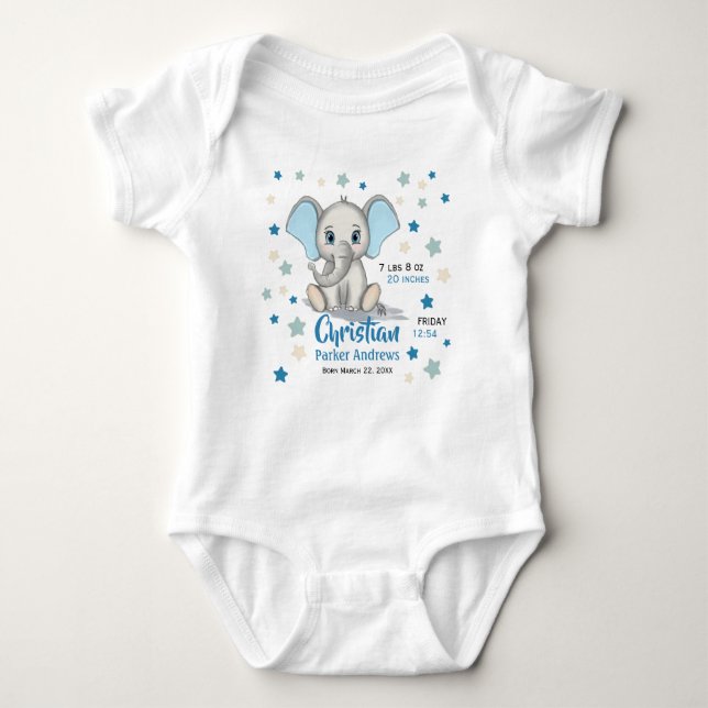 Cute Baby Elephant med Blue Öron Boy Birts Stats T Shirt (Framsida)