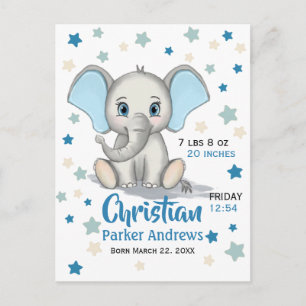 Cute Baby Elephant med Blue Öron Boy Birts Stats Vykort