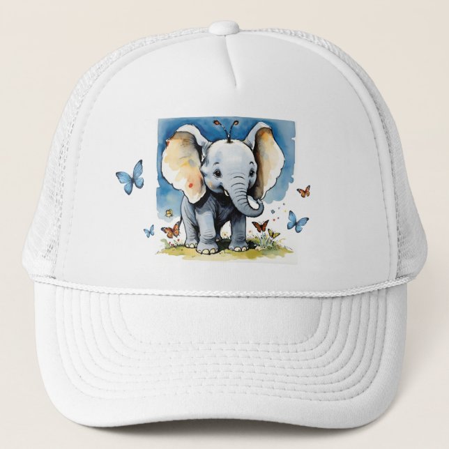 Cute Baby Elephant med Butterflies och Blå himmel Keps (Framsida)