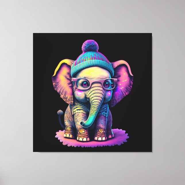 Cute Baby Elephant med glasögon och Beanie Canvastryck (Framsida)