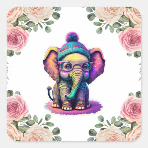 Cute Baby Elephant med glasögon och Beanie Fyrkantigt Klistermärke