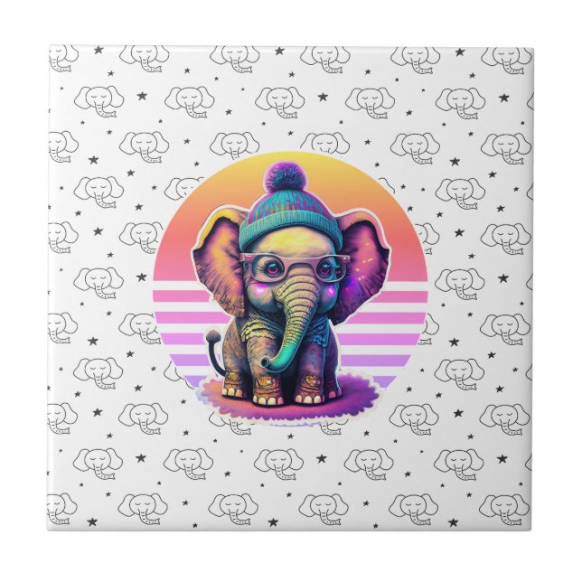 Cute Baby Elephant med glasögon och Beanie Kakelplatta (Framsidan)