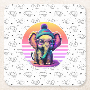 Cute Baby Elephant med glasögon och Beanie Underlägg Papper Kvadrat