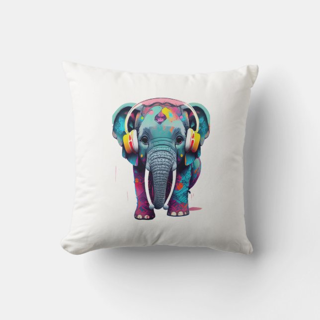 Cute Baby Elephant med hörlurar Kudde (Framsida)