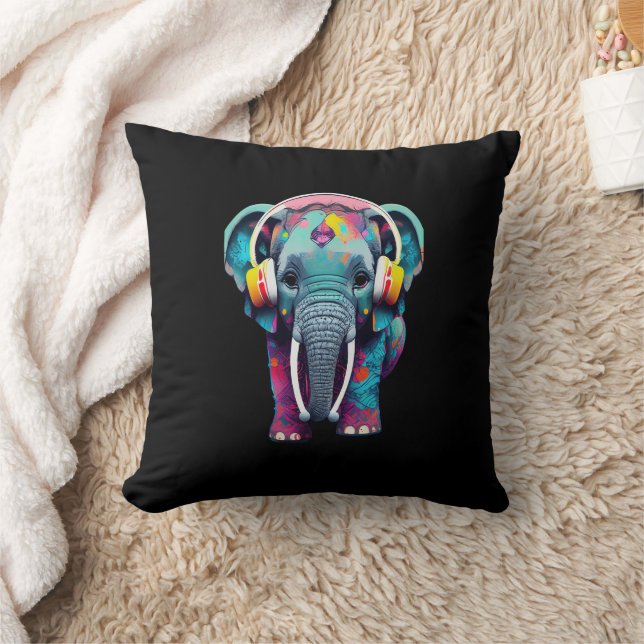 Cute Baby Elephant med hörlurar Kudde (Filt)