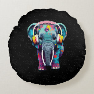Cute Baby Elephant med hörlurar Rund Kudde