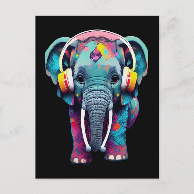 Cute Baby Elephant med hörlurar Vykort (Framsida)