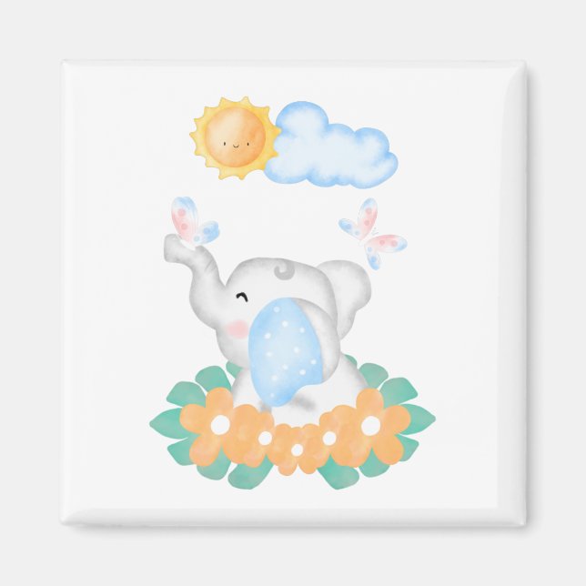 Cute Baby Elephant med orange blommor Magnet (Framsidan)