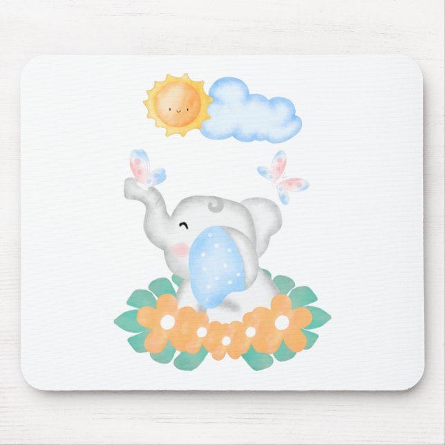 Cute Baby Elephant med orange blommor Musmatta (Framsidan)