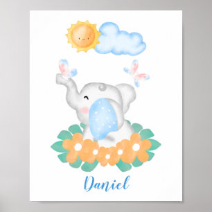 Cute Baby Elephant med orange blommor poster