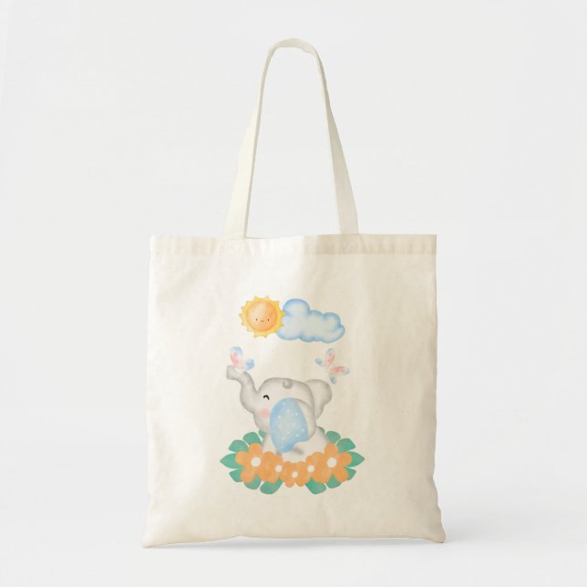 Cute Baby Elephant med orange blommor Tygkasse (Framsidan)