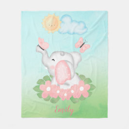 Cute Baby Elephant med rosa blommor Fleecefilt