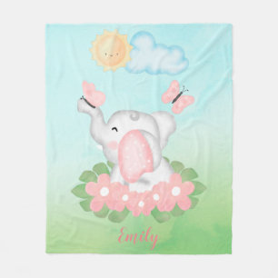 Cute Baby Elephant med rosa blommor  Fleecefilt
