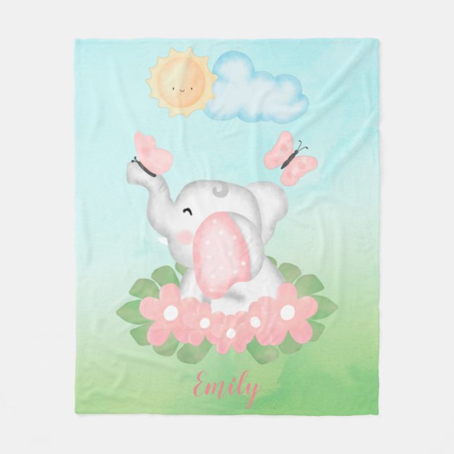 Cute Baby Elephant med rosa blommor Fleecefilt (Framsidan)
