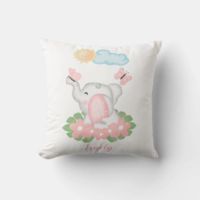 Cute Baby Elephant med rosa blommor Kudde (Framsida)