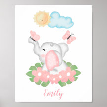 Cute Baby Elephant med rosa blommor poster