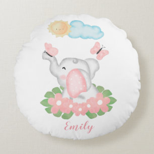 Cute Baby Elephant med rosa blommor  Rund Kudde