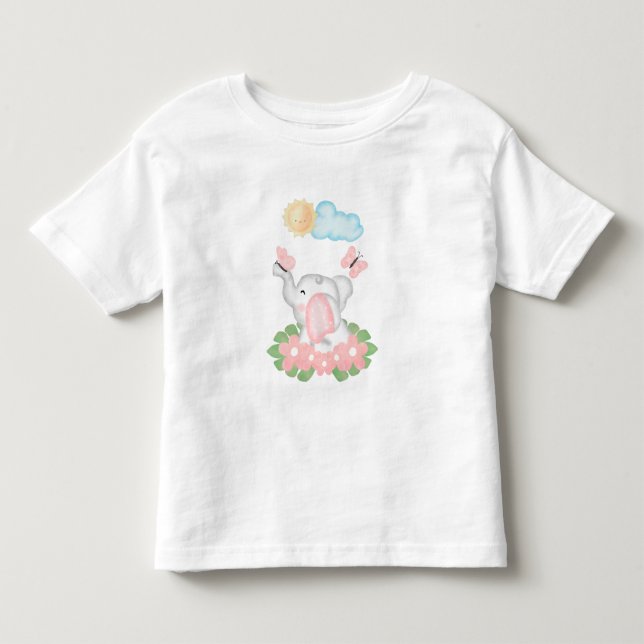 Cute Baby Elephant med rosa blommor T Shirt (Framsida)