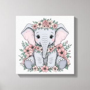 Cute Baby Elephant med Rosa Flowers Canvastryck