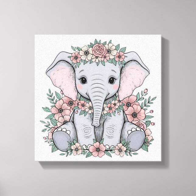 Cute Baby Elephant med Rosa Flowers Canvastryck (Framsida)