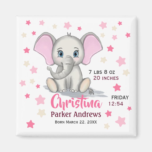 Cute Baby Elephant med Rosa Öron Girl Birgats Stat Magnet (Framsidan)