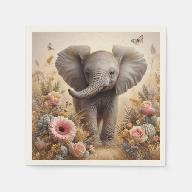 Cute Baby Elephant och Flowers Kids Party Pappersservett (Framsidan)