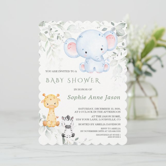 Cute Baby Elephant och Friends Safari Baby Shower Inbjudningar (Stående Fram)