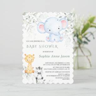 Cute Baby Elephant och Friends Safari Baby Shower Inbjudningar