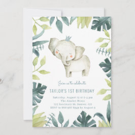 Cute Baby Elephant Prince Tropical Jungle Birthday Inbjudningar