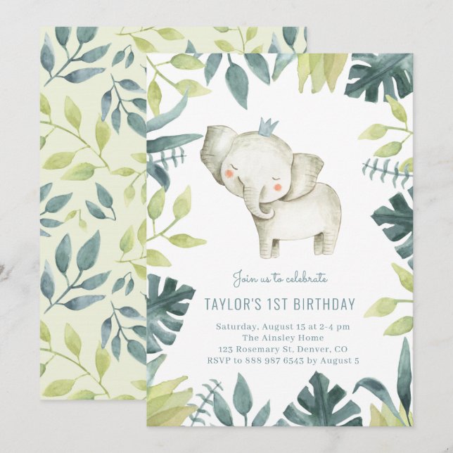 Cute Baby Elephant Prince Tropical Jungle Birthday Inbjudningar (Fram/baksida)