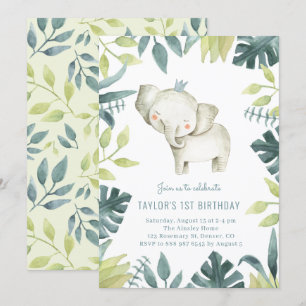 Cute Baby Elephant Prince Tropical Jungle Birthday Inbjudningar