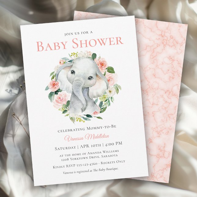 Cute Baby Elephant Rosa Blommigt Baby Shower Inbjudningar (Available in both printed and instant download digital formats.)