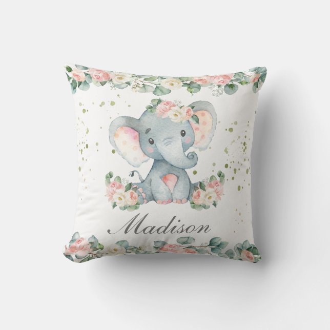 Cute Baby Elephant Rosa Blommigt Greenery Nursery Kudde (Framsida)