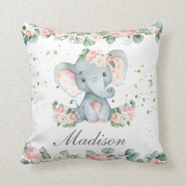 Cute Baby Elephant Rosa Blommigt Greenery Nursery Kudde