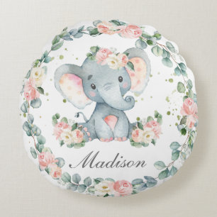 Cute Baby Elephant Rosa Blommigt Greenery Nursery Rund Kudde