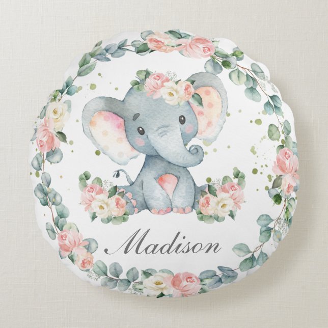 Cute Baby Elephant Rosa Blommigt Greenery Nursery Rund Kudde (Framsidan)