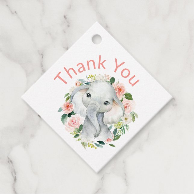 Cute Baby Elephant Rosa Blommigt Tack Gåvor Etiketter (Framsida)