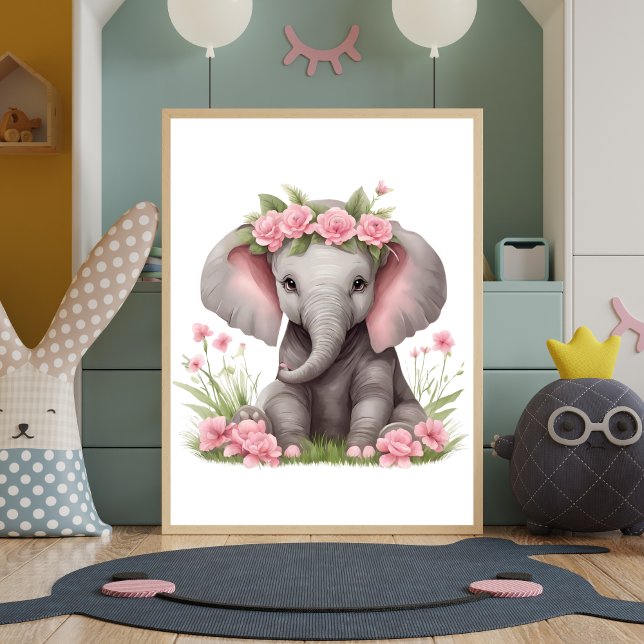 Cute Baby Elephant Rosa Flowers Nursery Poster (Cute Adorable Baby Elephant with Pink Flowers on head Nursery Wall Art Wall Decor Poster Print)
