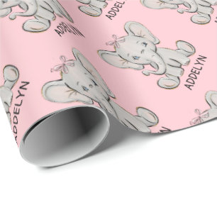 Cute Baby Elephant Rosa Little Girl's Namn Wrappi Presentpapper