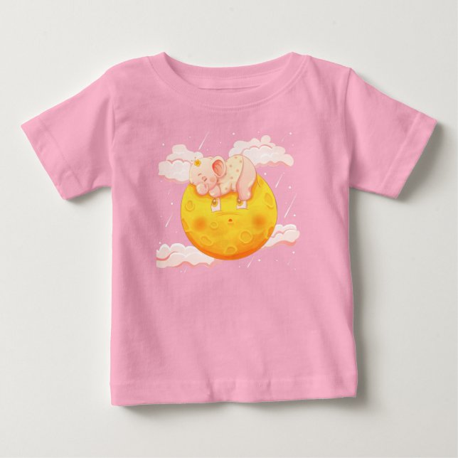 Cute Baby Elephant Spipande på Måne T Shirt (Framsida)