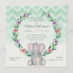 Cute Baby Elephant Wandedeans Blommigt Chevron Mön Inbjudningar