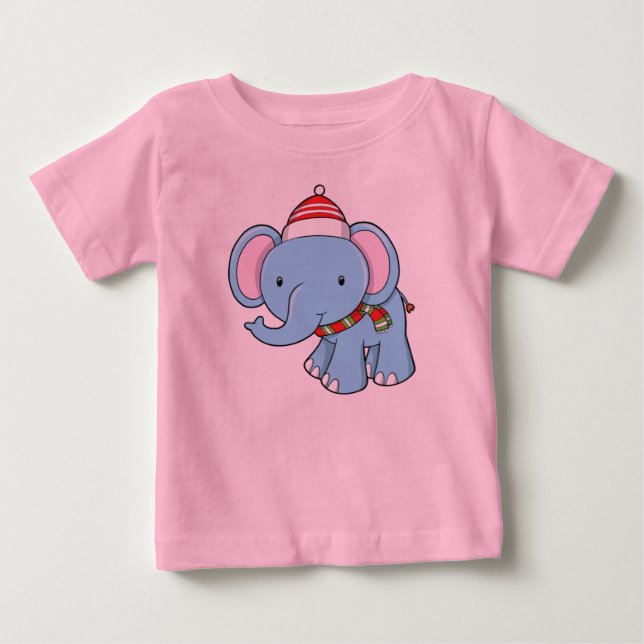 Cute Baby Elephant Wearing Santa Hat & Scarf T-shirt (Framsida)